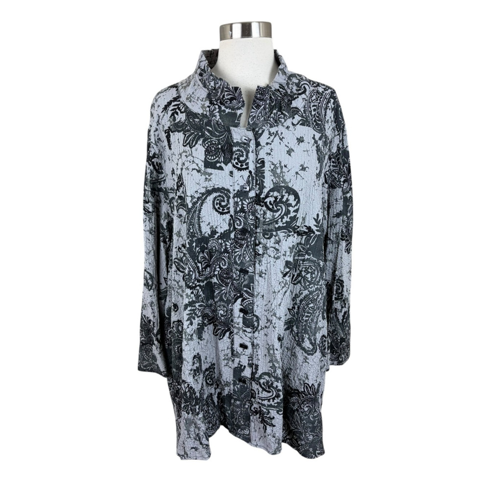 Ali Miles 2X Black Gray Crinkle Button Tunic Lagenlook Artsy Wired Collar
